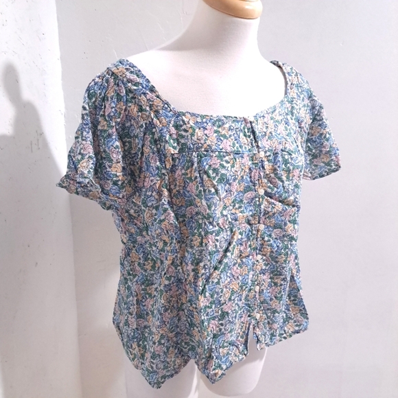 Old Navy | Blue Multi color floral wide neck button up women's shirt - Picture 1 of 9